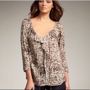 Rebecca Taylor Leopard Print Boho Blouse 3/4 Sleeve Taupe Top